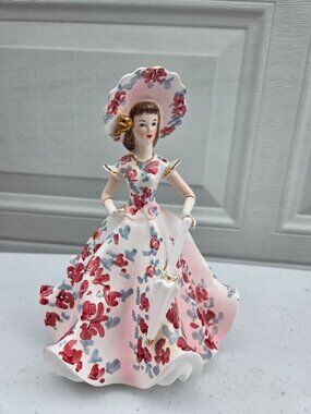 Vintage Lefton Lady Figurine Planter With Pink Floral Dress & Parasol Hand-Paint